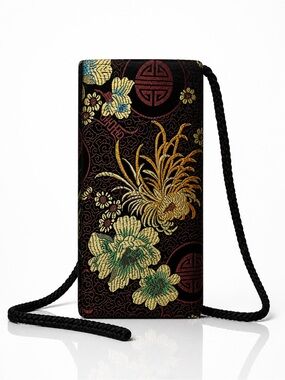 Vintage Chinese Silk Tapestry Bag Floral Embroidered Long Strap Clutch